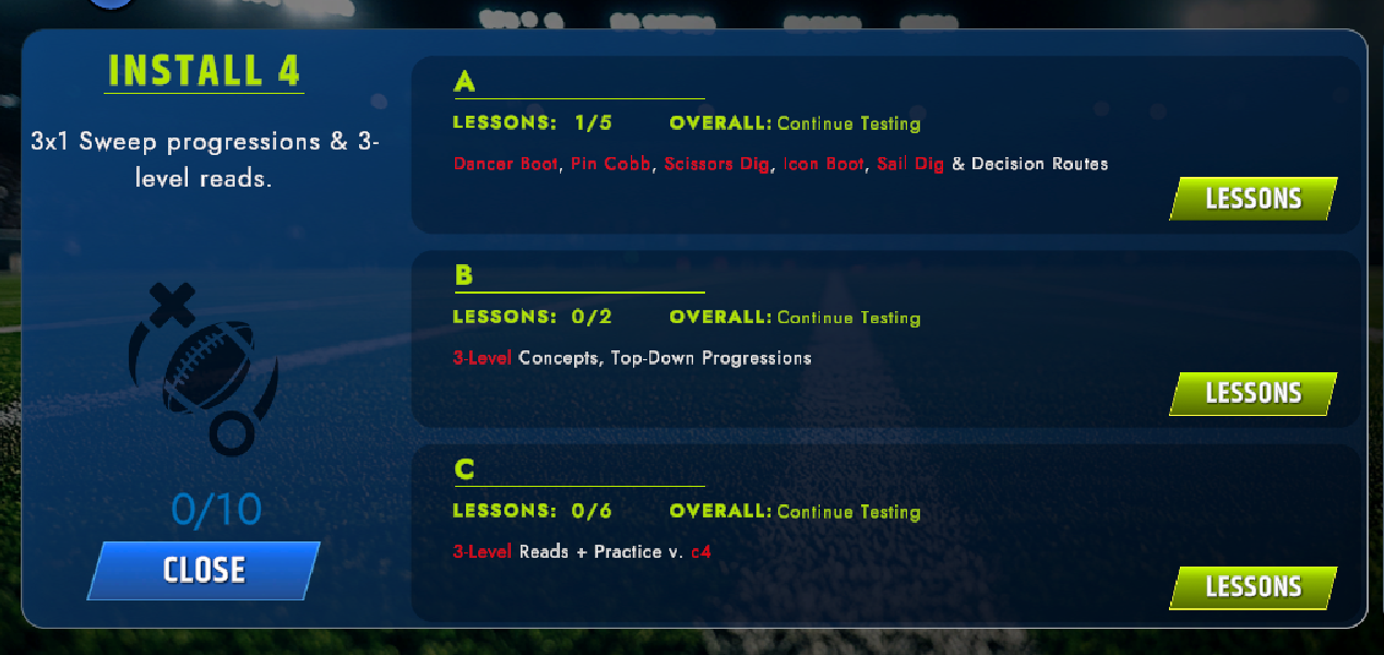 A QB Lab install expanded to show its lessons, their progress, and the concepts each one covers